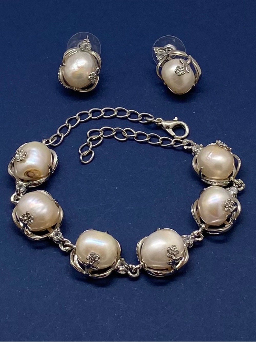 Baroque Pearl-Accent Silver Bracelet and Stud Earrings Set